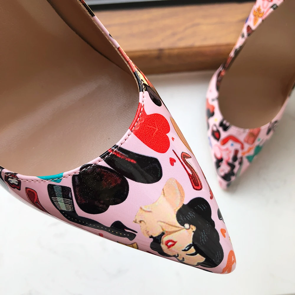 Tikicup Fashion Printed Women Pointy Toe High Heel Shoes for Floral Dress White Patent Leather Stiletto Pumps Plus Size 33-45