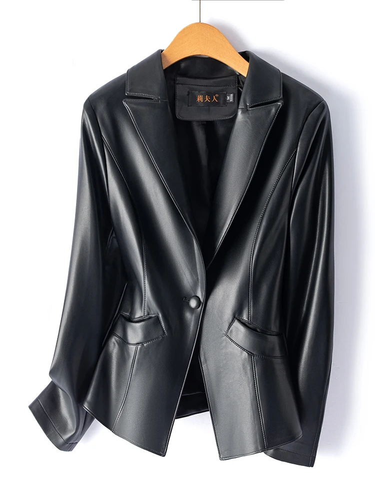 Nouvelle veste en cuir véritable pour femme, collection Printemps 2025, style élégant et personnalisé, en peau de mouton, coupe ajustée, vêtement d'extérieur.