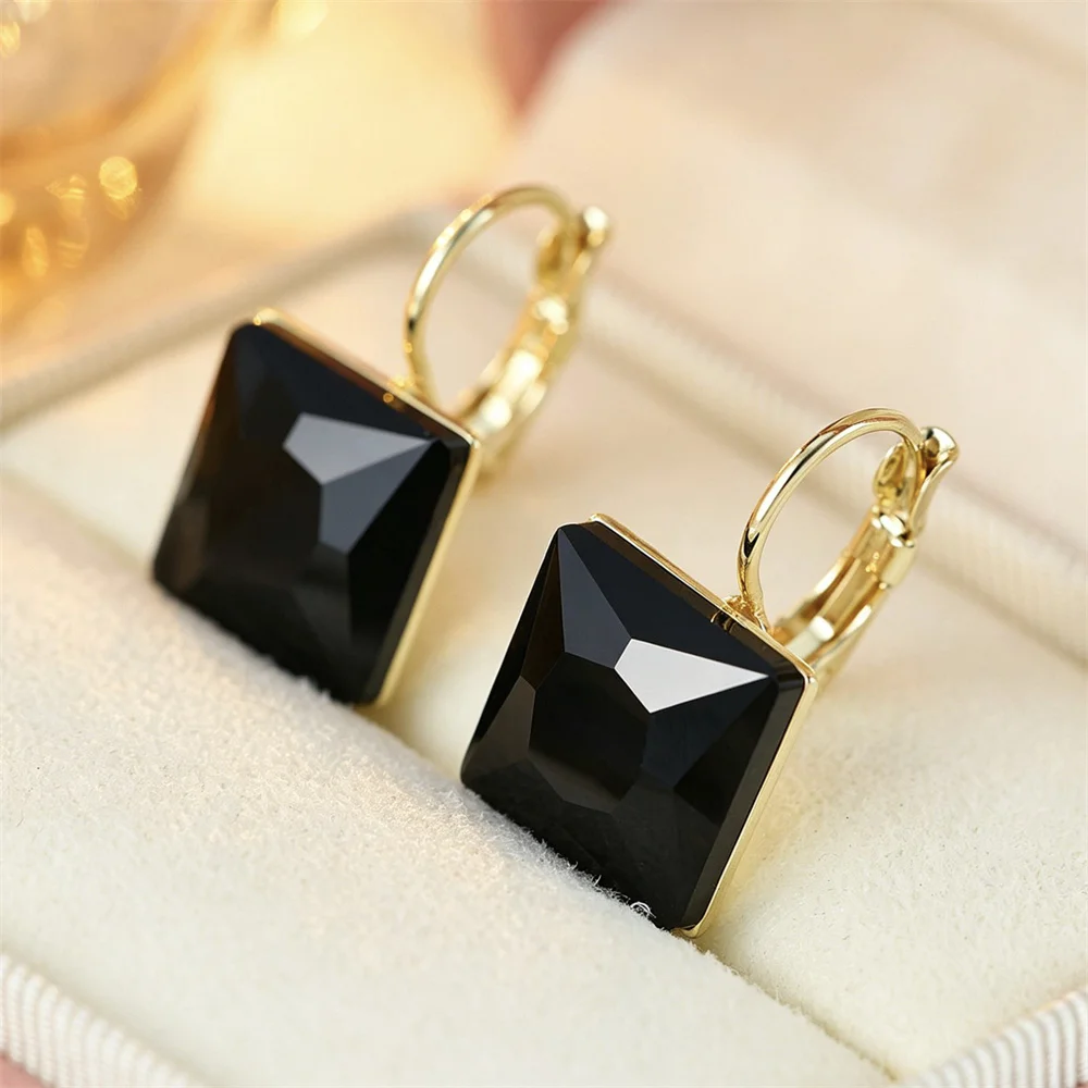 Geometric Square Crystal Black Stone White Zircon Hoop Earrings For Women Vintage Gold Silver Color Ear Buckle Wedding Jewelry
