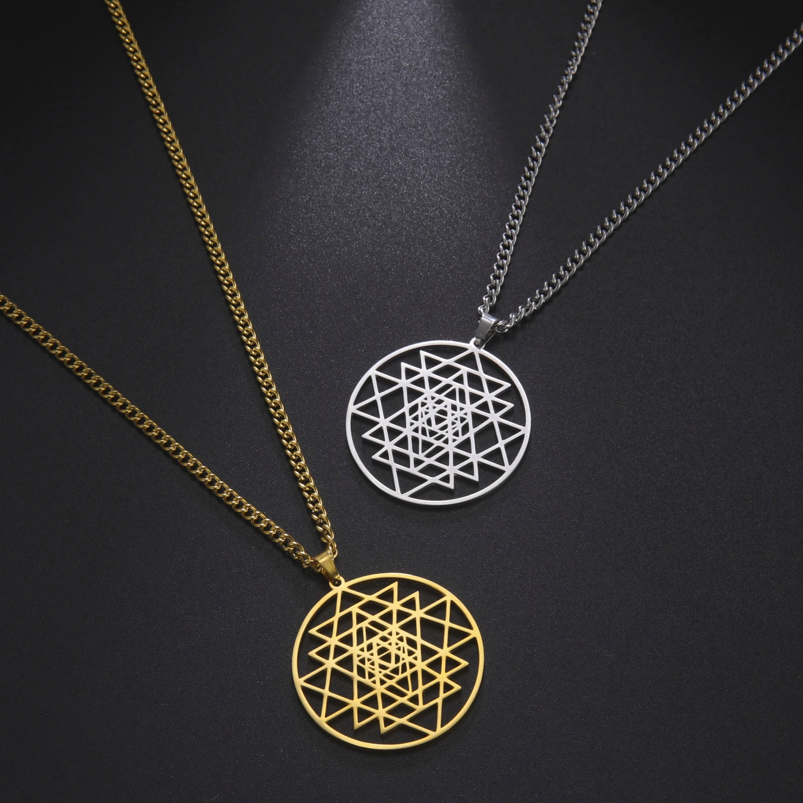 Yoga Hindu Buddhism Stainless Steel Necklace for Women Silver Color Sacred Geometry Necklaces Sri Yantra Symbol Pendants Jewelry