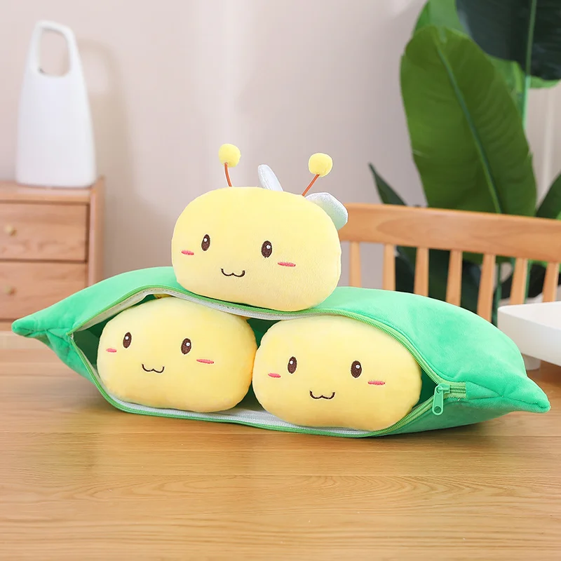 

1Pcs Funny Pea Pocket With Three Small Bees Plush Toys Stuffed Soft Plant Plushies Doll Kawaii Christmas Gifts for Children Girl