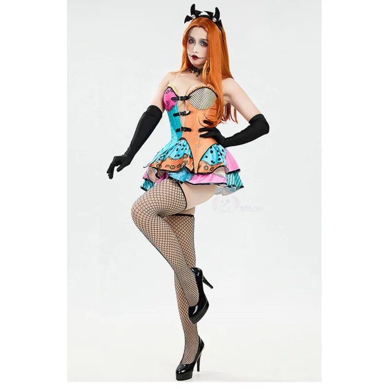 Sally Christmas Cosplay Costume Nightmare Before Sally Women's Sexy Graffiti Dress Headwear Gloves Socks Halloween Party uniform view 2