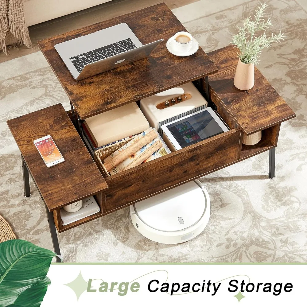 Wood Lift Top Coffee Table with Hidden Compartment and Storage Shelf for Living Room/Office Reception, Rising Tabletop