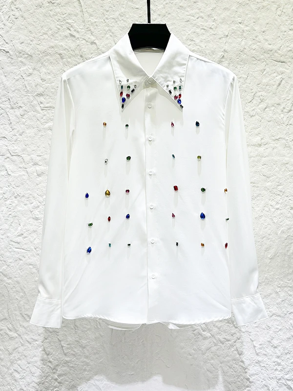 Men's 2025 Autumn New Personality Light Luxury Long Sleeve Shirts Fashion Colorful Gemstones High-end Shirts Solid Color Tops