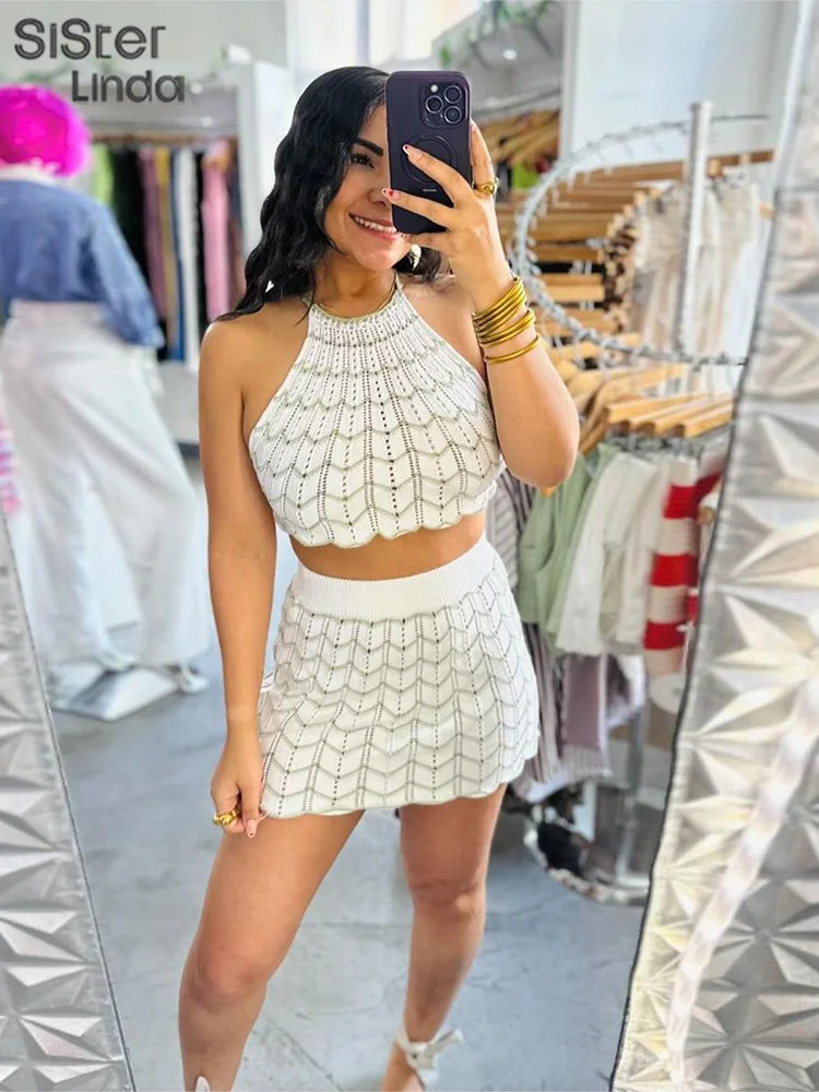 Original Women's Suspender Vest Top Short Skirt Set Spring 2024 Sexy Mini Skirt Suit Woven Craft Popular Items Two Colors