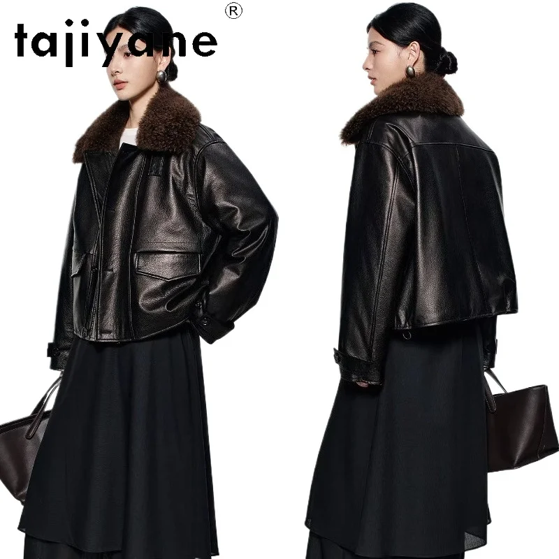 TAJIYANE Real Sheepskin Goose Down Jackets Woman Cashmere Collar Puffer Jacket Genuine Leather Coat 2025 Winter Clothes дубленка