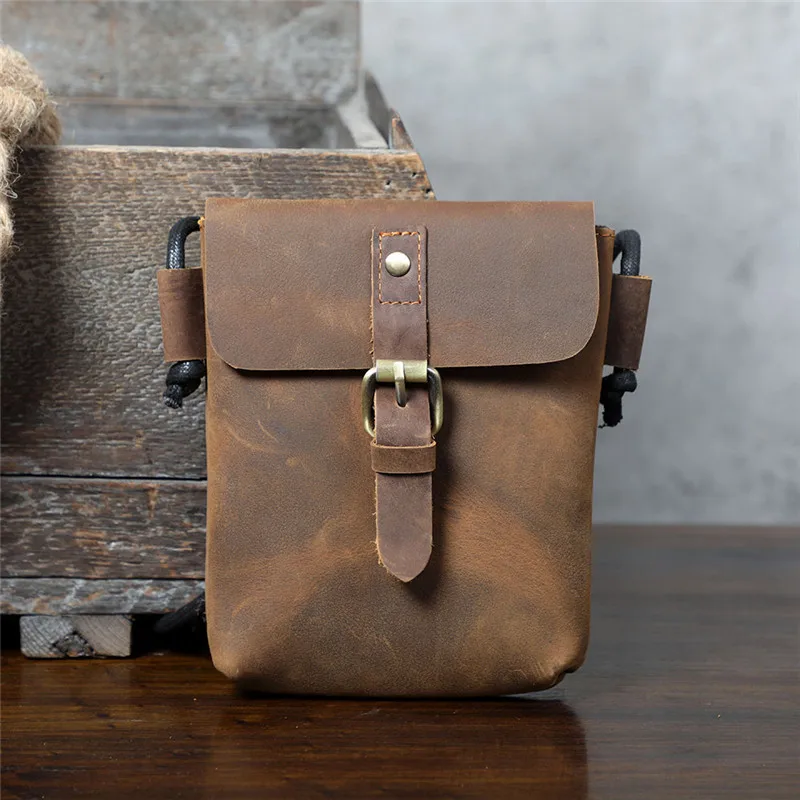 Mode Vintage Echt Lederen Heren Kleine Telefoon Schoudertas Buiten Vrijetijdsweekend Gek Paard Koeienhuid Mini Messenger Bag