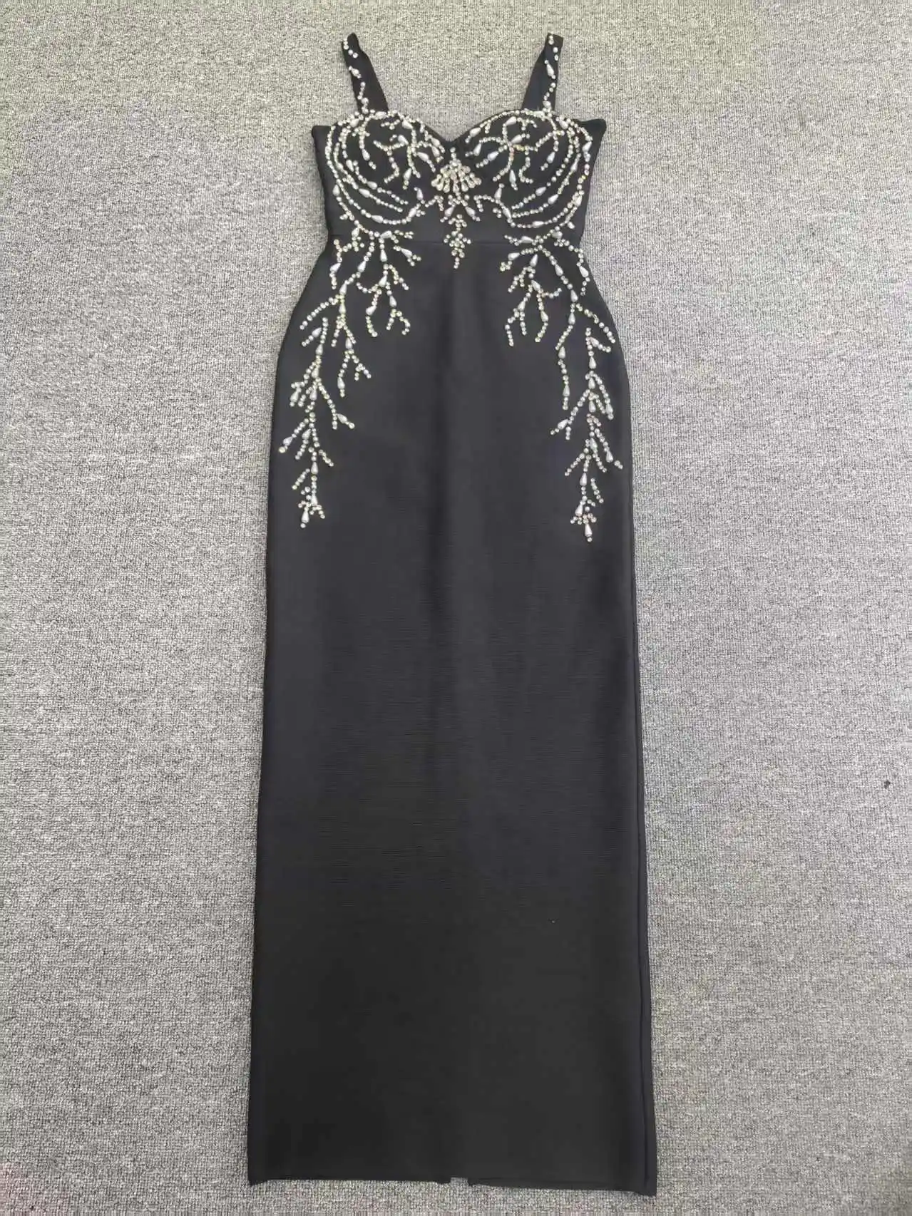 Women's Black Bandage Strap Gown with Sheer Mesh Cutout Crystal Bead Embroidery Thigh High Slit Formal Evening Dress​
