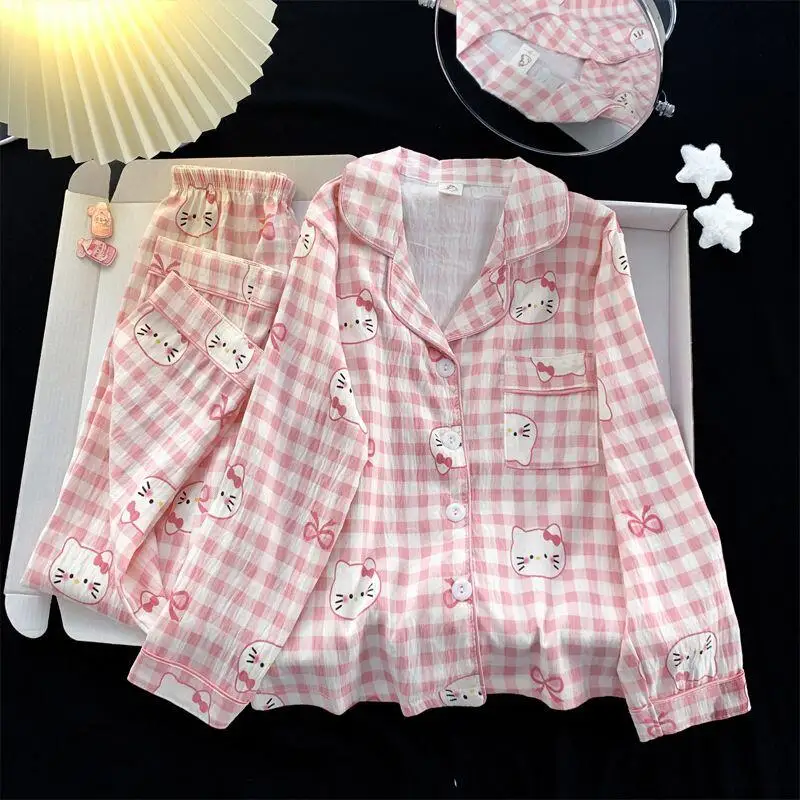 أطقم بيجامات نسائية من سانريو هالو كيتي ملابس نوم غير رسمية للخريف برسوم كارتونية لطيفة بأكمام طويلة ملابس نوم منزلية جديدة