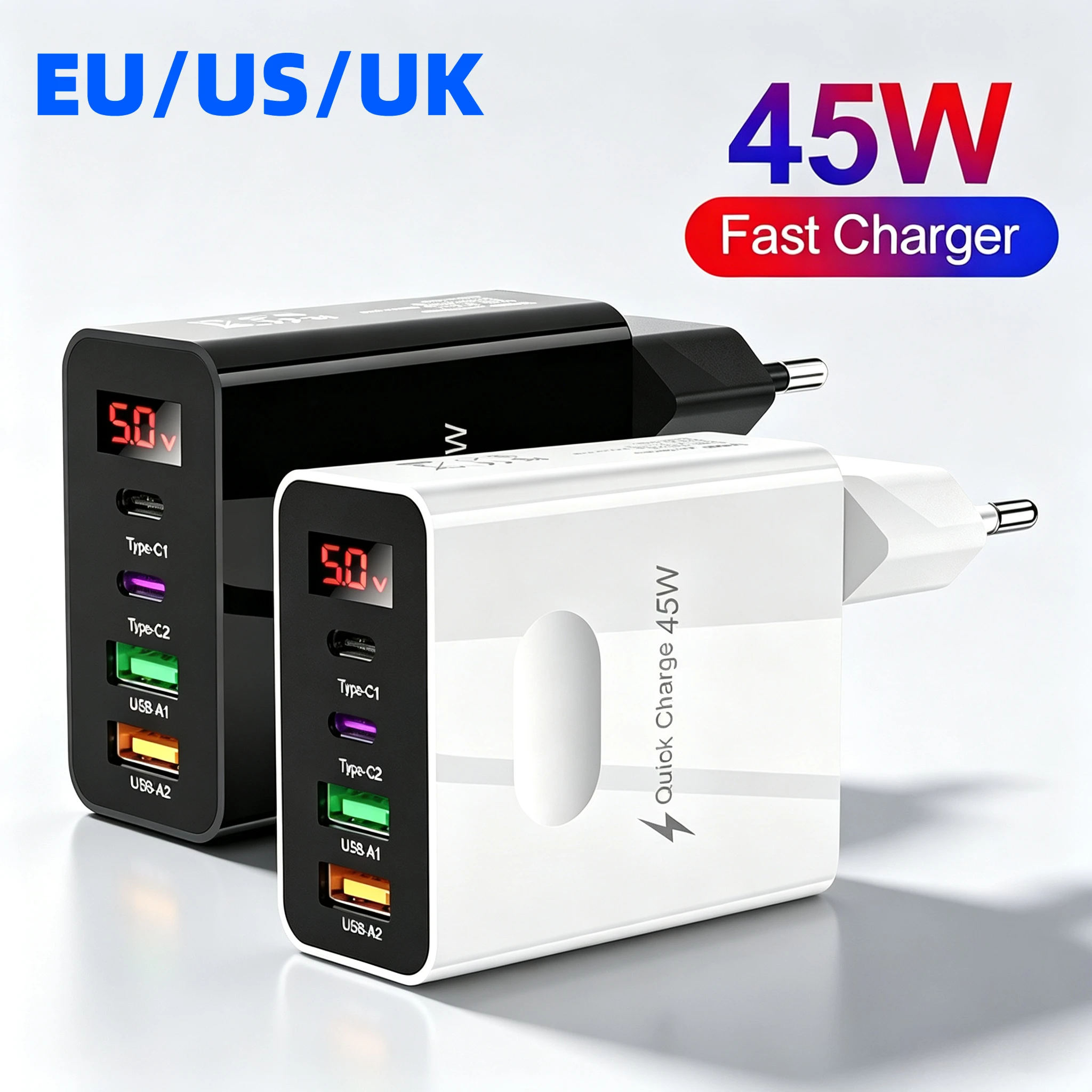 4 Port 45W USB C Charger Type C Fast Charging Digital Display Mobile Phone Adapter For iPhone Samsung Xiaomi Huawei Wall Charger