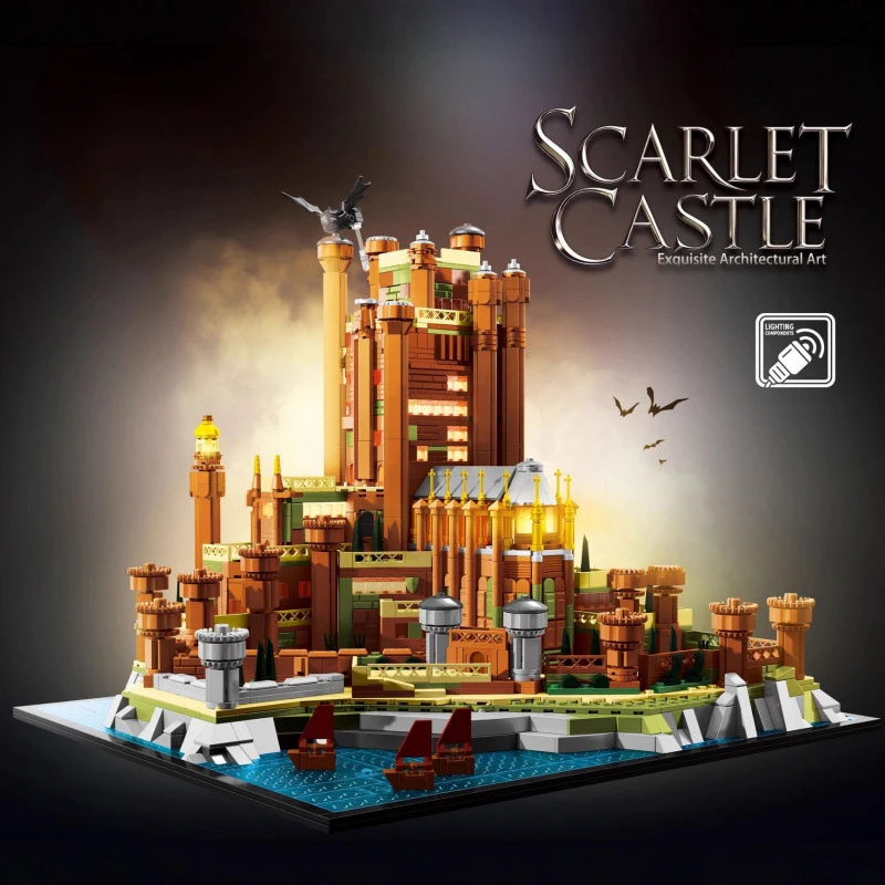 中世の赤い城の建築ブロックセット - 詳細なドラゴンをテーマにした石の要塞モデル、家の装飾、子供のおもちゃ、ギフトに