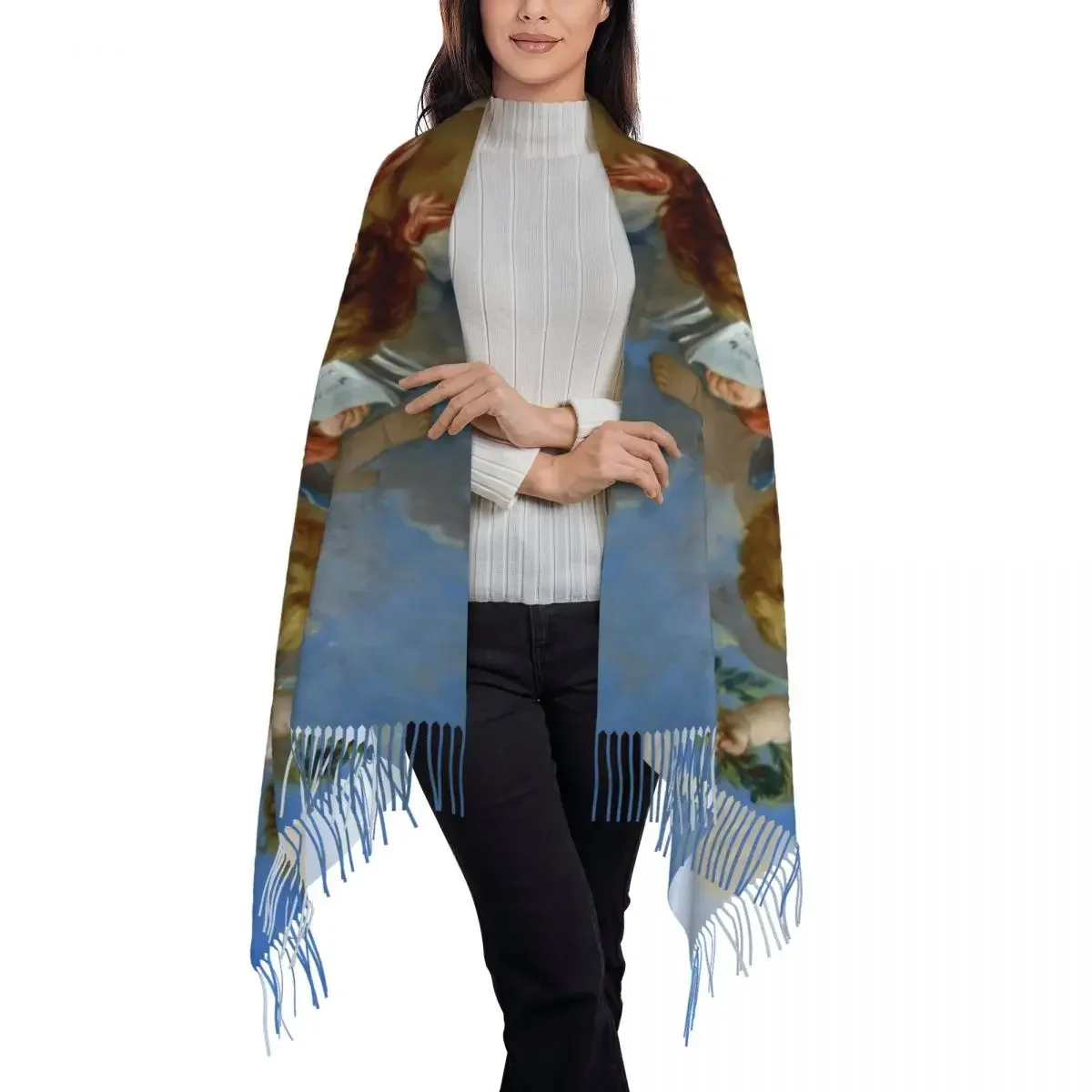 Stylish Aesthetic Renaissance Angel Tassel Scarf Women Winter Warm Shawl Wrap Ladies Boucher Rococo Art Scarves