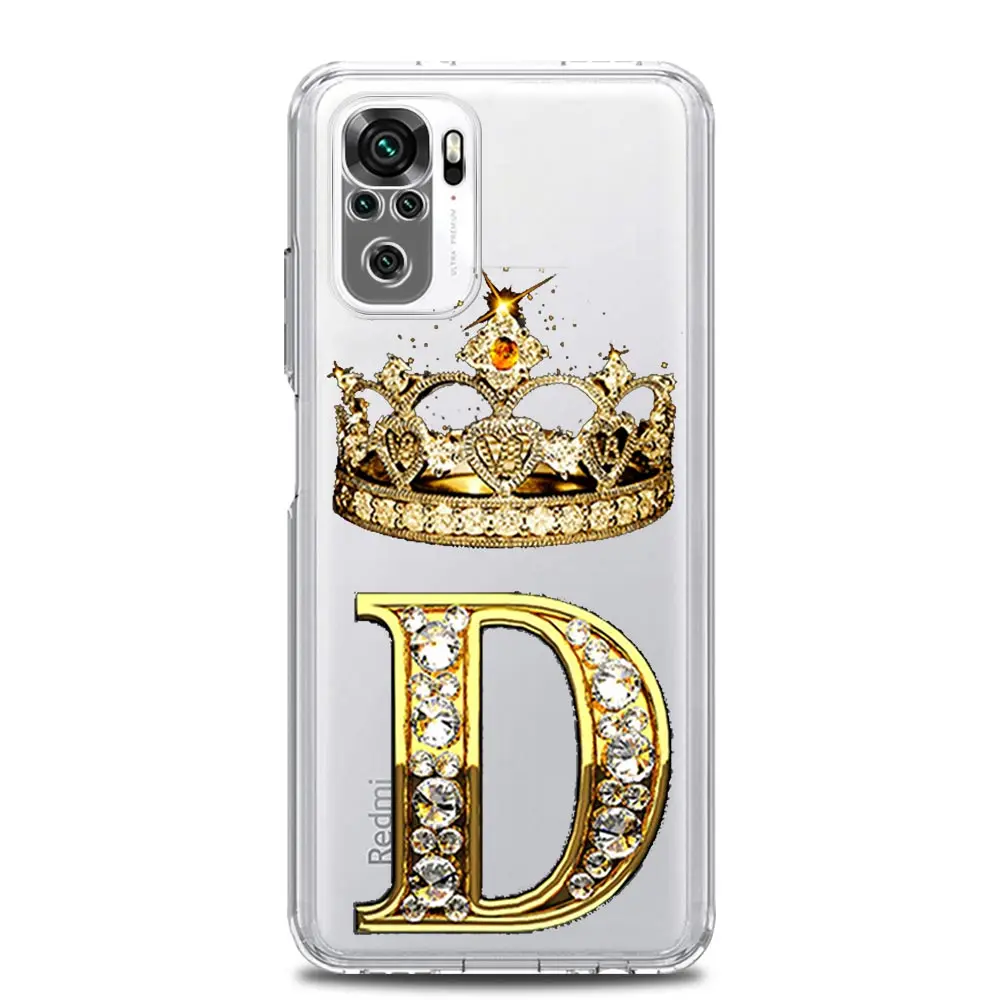 Diamond Crown Letter 26 Letters Phone Case For Xiaomi Redmi Note 12 5G 9S 9 8 10 11 Pro Plus 4G 9T 8T 10C 9C 9A 7 Clear Cover