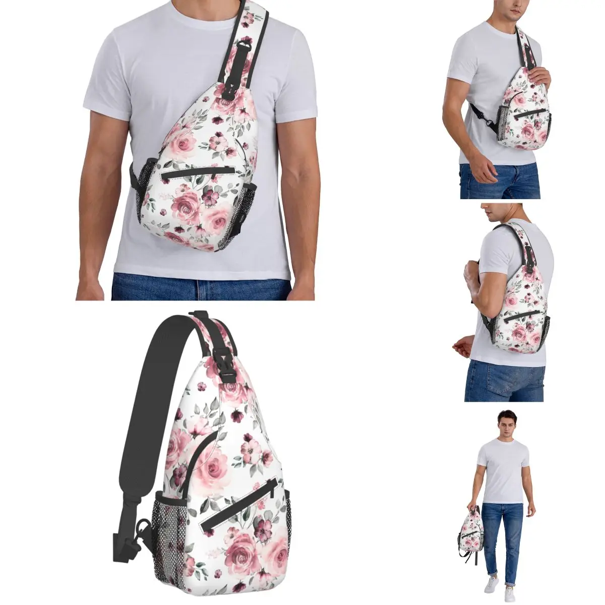 Aquarela Rose Flores Pequeno Sling Sacos Peito Crossbody Ombro Sling Mochila Outdoor Sports Daypacks Vintage Pattern Bag