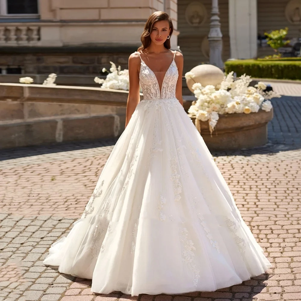 

Индивидуальные бретельки с v-образным вырезом Vestidos De Novia, иллюзия с открытой спиной, свадебные платья, аппликации, Vestido De Noiva