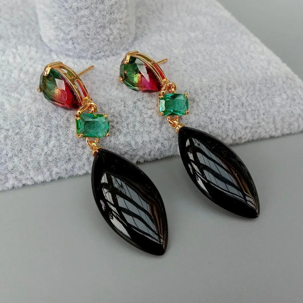 

Y·YING Marquise Black Onyx red green Crystal gold plated Stud Earrings