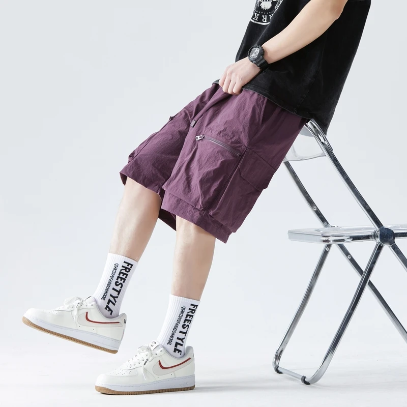 Men's Summer Elastic High Waist Solid Pockets Casual Workwear Sports Loose Trousers Fashion England Style Vintage Shorts