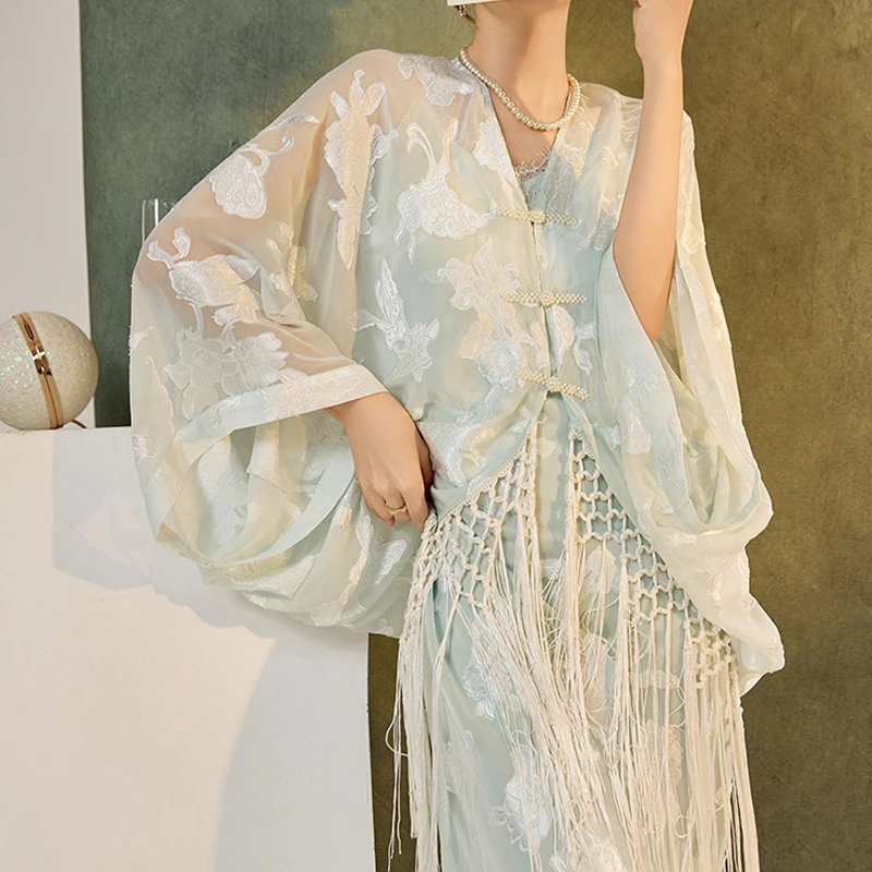 2026 New Chinese Style Cardigan Elegant Long Tassels Hanfu Tops Summer Sunscreen Cover Blouse Loose Women Coat