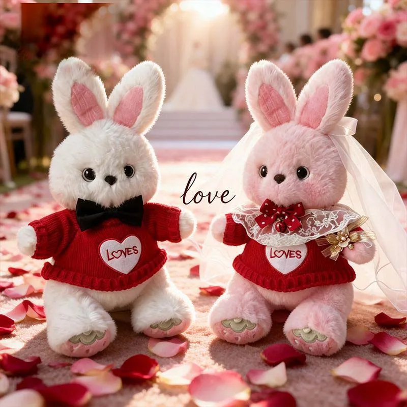 Romantic Wedding Couple Bunny Plush Toy Set with Bow Tie and Veil Red Knit Sweater Soft Stuffed Doll Decor Holiday Surprise Gift