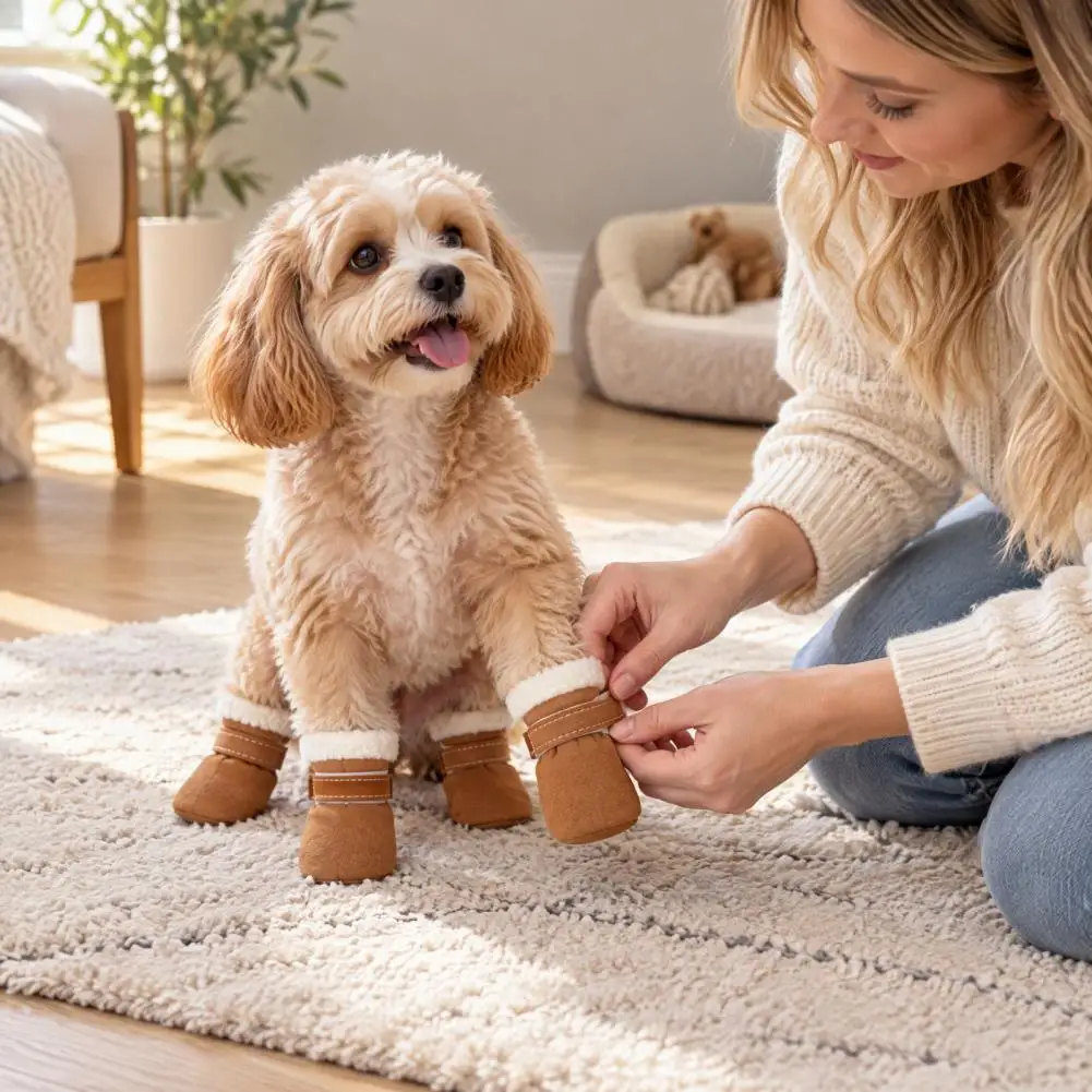 Non Slip Pet Shoes Adjustable Hook Loop Dog Booties 4pcs Winter Dog Booties with Fleece Lining Adjustable Paw for Weather