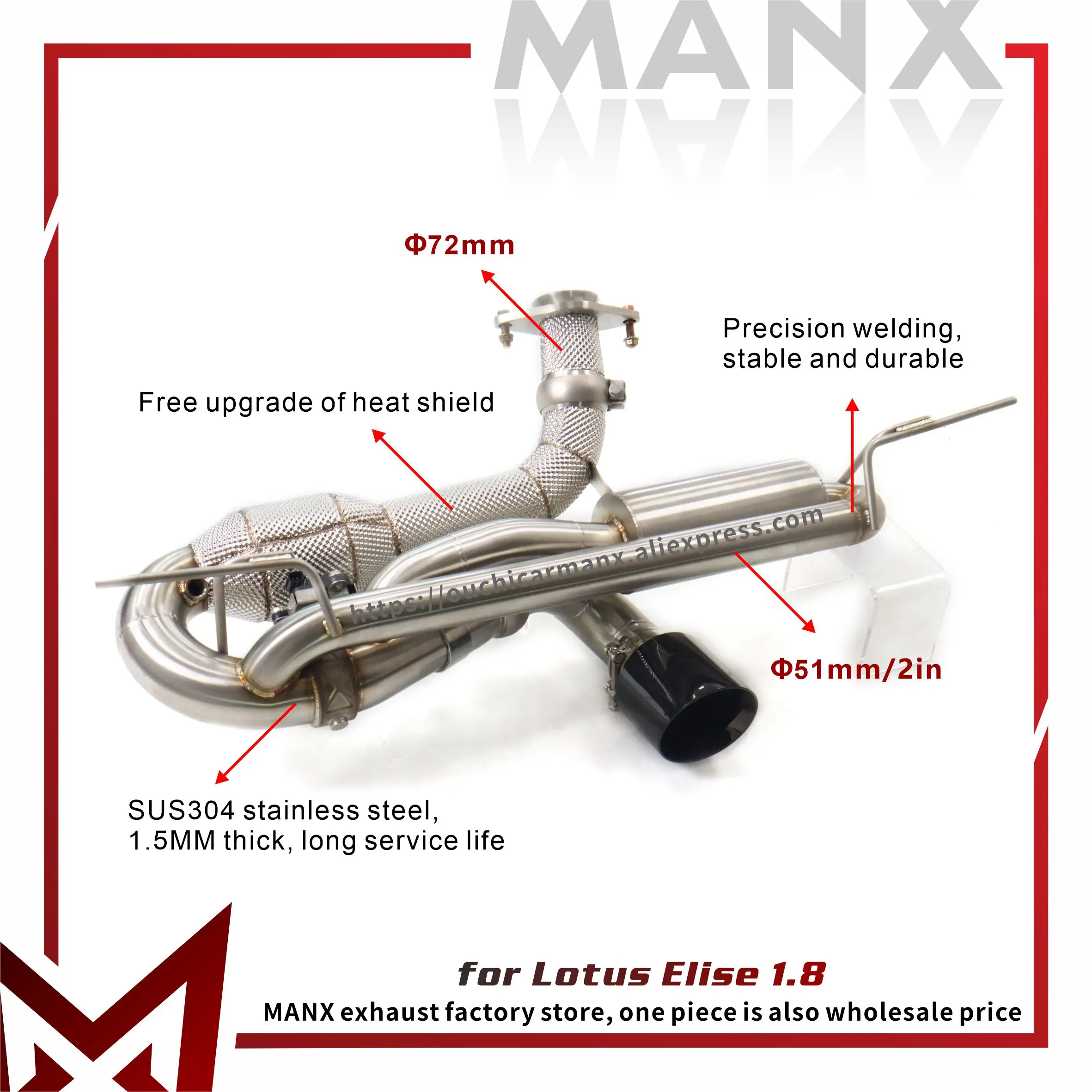 

MANX Exhaust system for Lotus Elise 1.8 Catback SS304 Downpipe Replacement installation Increase pipe diameter Electronic valves