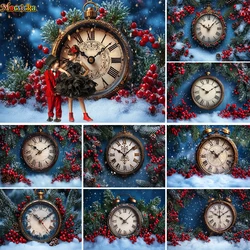 New Year Night Background Photography Giant Clock Red Christmas Fruit Snowy Pine Tree Backdrop Decor Kids Birthday Photo Studio