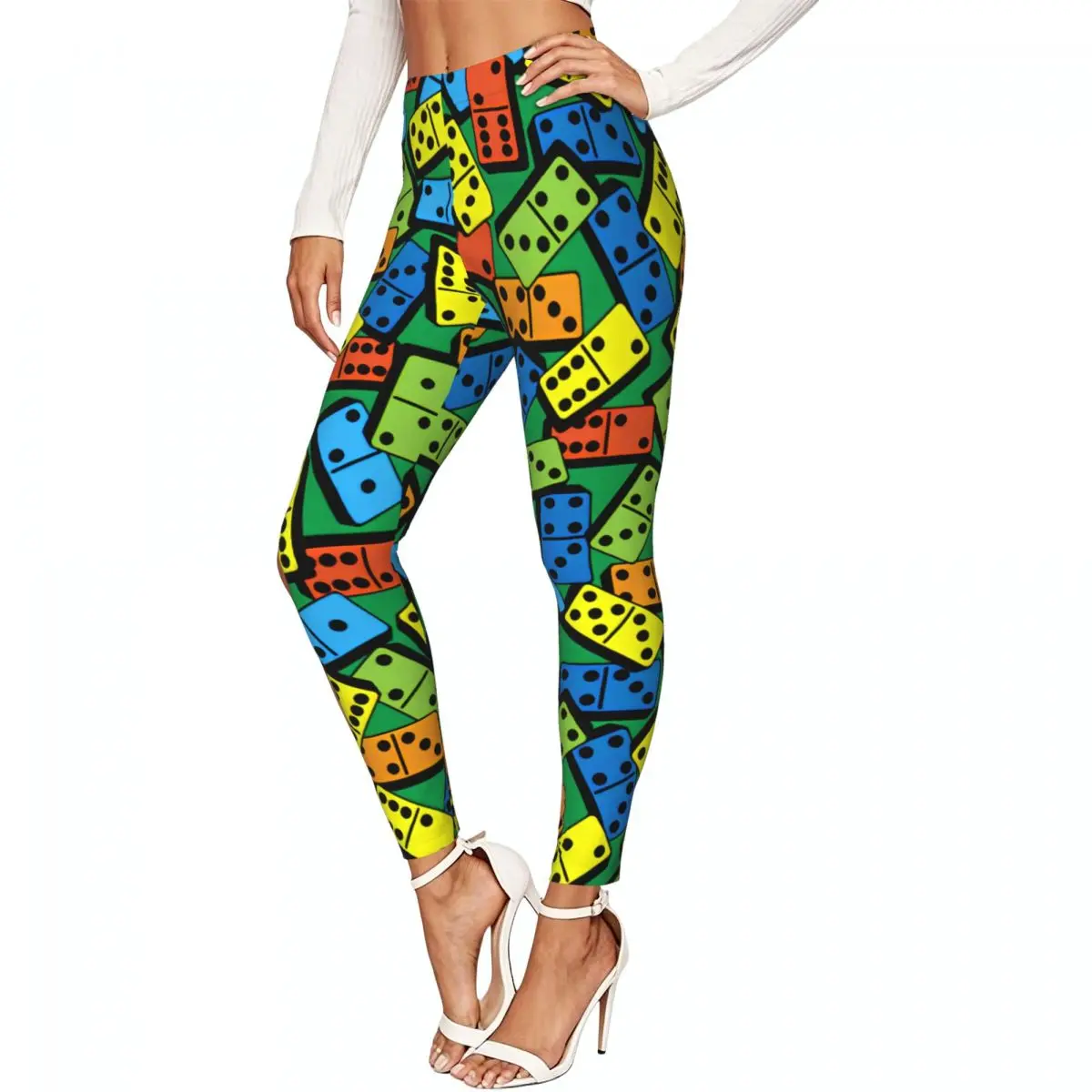 Casual Ladies Slim Leggings Casino Colorful Domino Pattern Elastic High Waist Sports Daily Wear Trousers