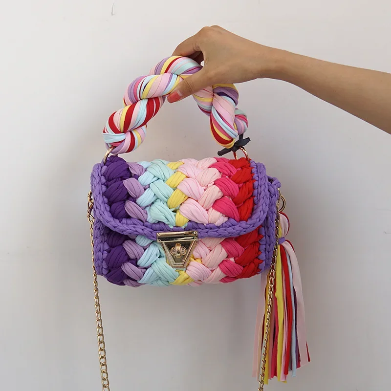 Hand Knitted Fashion Cross Body or Portable Multi - Color Women's Bag Wool Knitting Package Finished Products