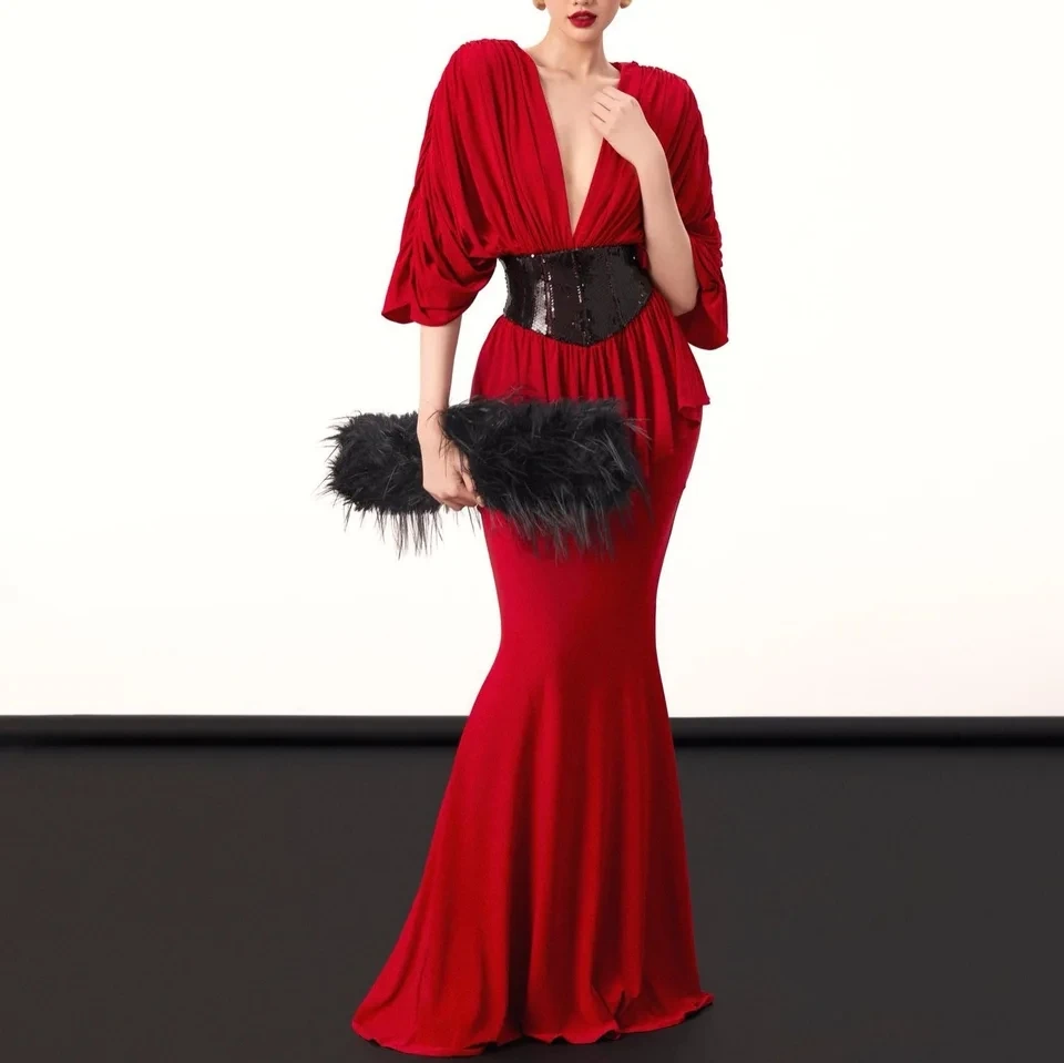 

2026 Spring New Temperament Elegant Retro Style Waist Tie Three Quarter Sleeve Long Dress Deep V Neck Skirt Women