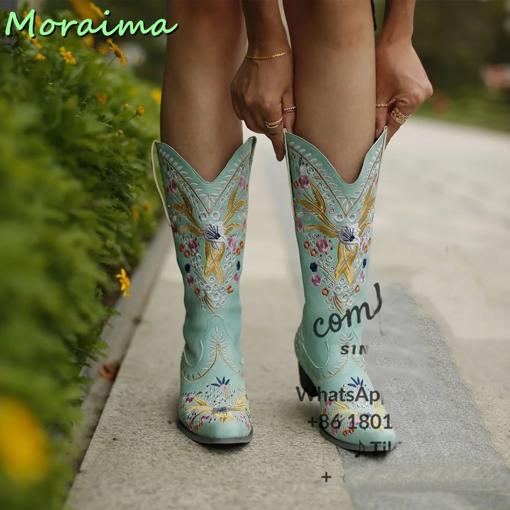 Ethnic Style Embroidery Mid Calf Boots Women Pointed Toe Slip On Designer Cowboy Boots Block Mid Heel Vintage European 2023 New