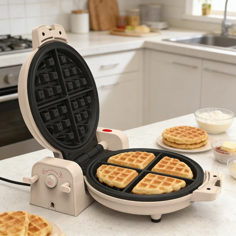 

Вафельница с керамическими антипригарными пластинами, вертикальное хранение, регулировка степени поджаривания, индикаторная лампа, ручка с функцией охлаждения.