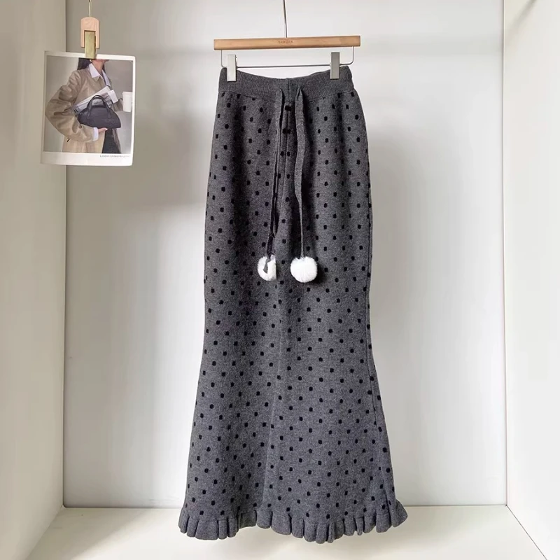 Korean Drawstring High Waist Lace Trim Women's Flared Pants 2025 Winter New Versatile Polka Dot Knitted Casual Trousers Ladies