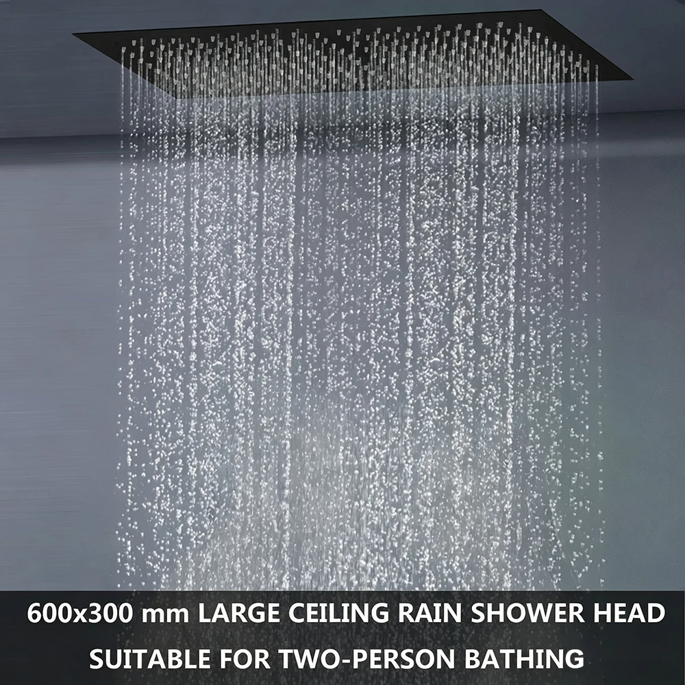 Matte Black Thermostatic Shower System Set Concealed Ceiling Rainfall Shower Head 6 Massage Body Jets Brass Shower Faucet Set