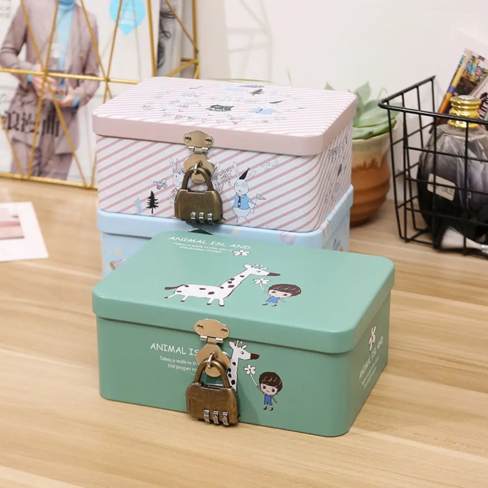 Cute Large Capacity Tinplate Box with Lock Key Desktop Storage Case Metal Box Jewelry Storage Empty Box