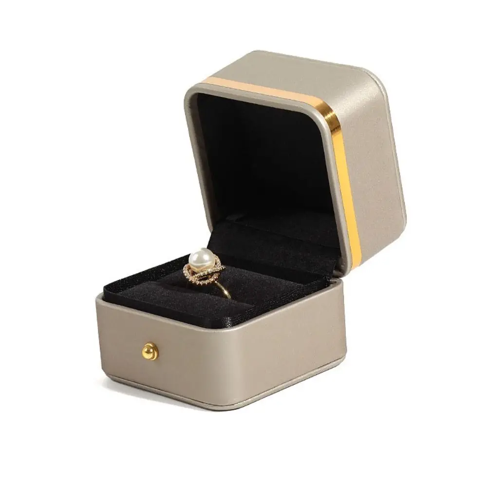 

Lightweight PU Leather Square Ring Box Elegant Gold Trim Ring Storage Case Velvet Interior Ring Display Boxes Engagement