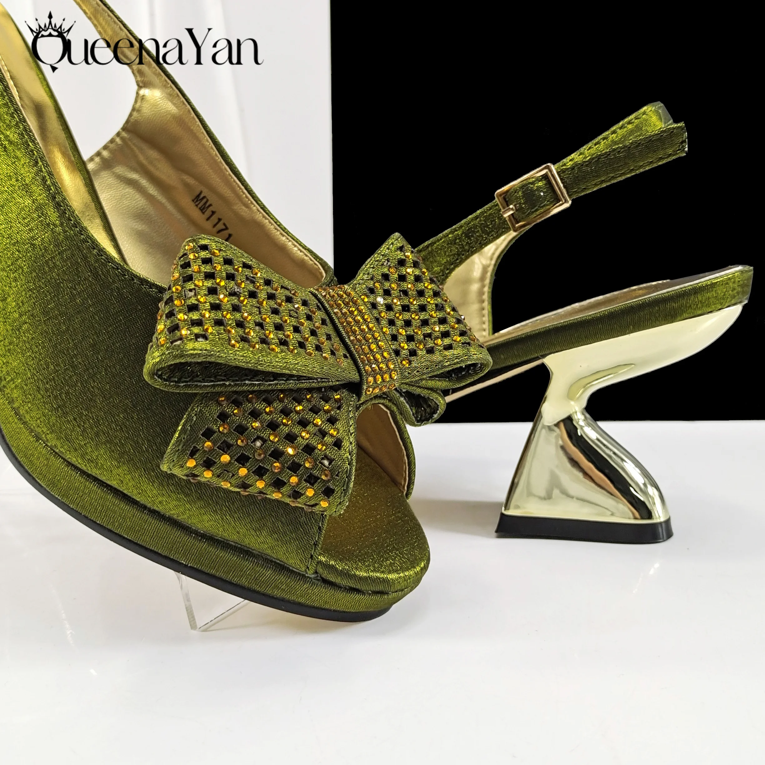 مجموعة أحذية وحقائب أفريقية بتصميم جديد من حجر الراين لعام 2025 باللون الزيتوني المفتوح من الأمام بكعب عالٍ مريح للنساء تخفيضات كبيرة على Instagram