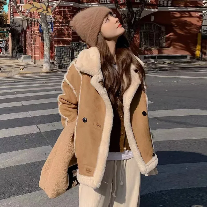 Suede Lambhair Outwear Women 2024 Winter New Korean Version Loose and Thick Warm Double Breasted Fur One-piece Motorcycle Coat