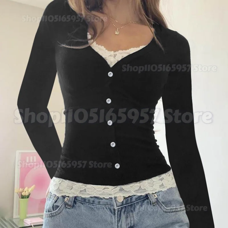 

French Pure Color Lace Splice Slim Fit Long Sleeve Short T-Shirt Sexy Fake Two-Piece Top for Women