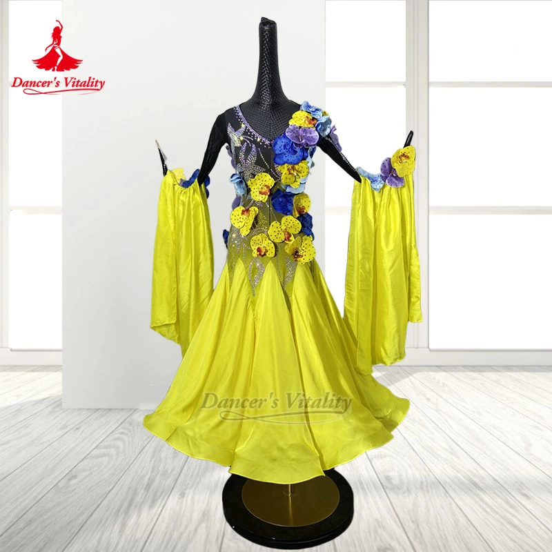 Adult Social Dance Luxury AB Stones Gradient Color Dresses Customize Dancer's Vitality Women Waltz Foxtrot  Long Sleeves Clothes