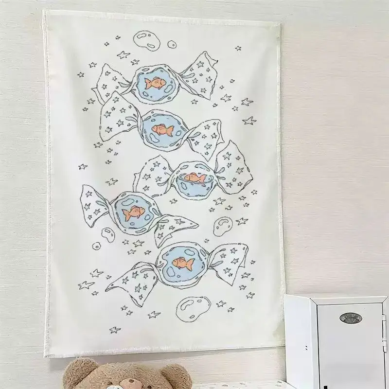 VIKAMA Light Blue Cartoon Music Notes Star Ocean Tapestry Home Art Piece Wall Decor Bedroom Dorm Kawaii Cute Soft Durable Cozy
