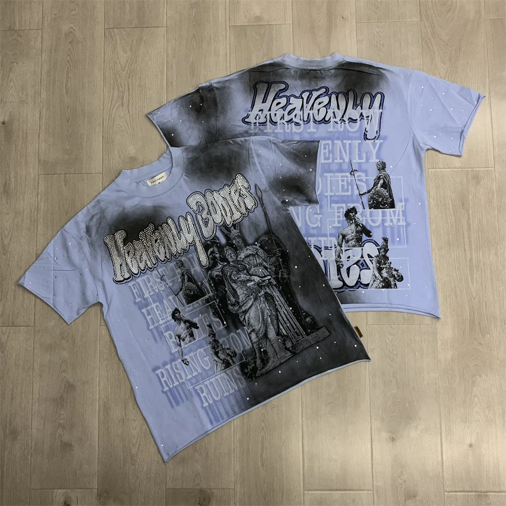 FIRST ROW Heavenly Bodies Rhine Stone Graphic Crop T-Shirt Men Women High-Quality Rhinestone Loose Top T Shirt Tee