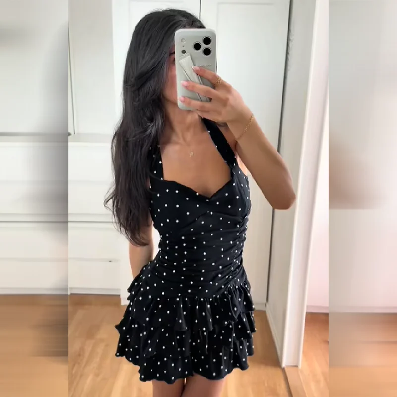 

Retro Polka Dot Women's Mini Dress Sweetheart Sleeveless Ruched Hem Halter Skirt 2026 New Summer Lady Party Club Short Dresses