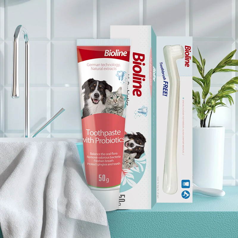 

Bioline Probiotics Pet Toothpaste and Toothbrush Kit Set 50g Cleaning Care Fresh Breath Double Head Toothbrush Pet Supplies