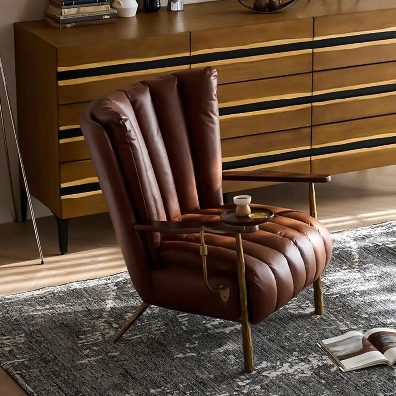 Hot Selling Contemporary Living Room Lounge Cigar Chair Headrest Genuine Leather Soft Wooden Arm Metal Forged Frame Hotel Use