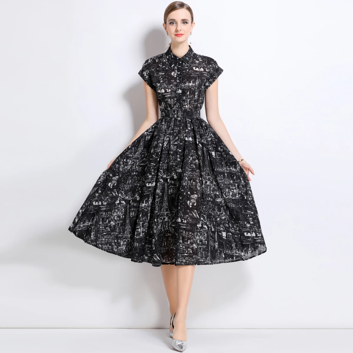 Nieuwe zomer revers korte mouw lange jurk high-end bedrukte blad runway een lijn riem slanke kantoorfeest lange jurken