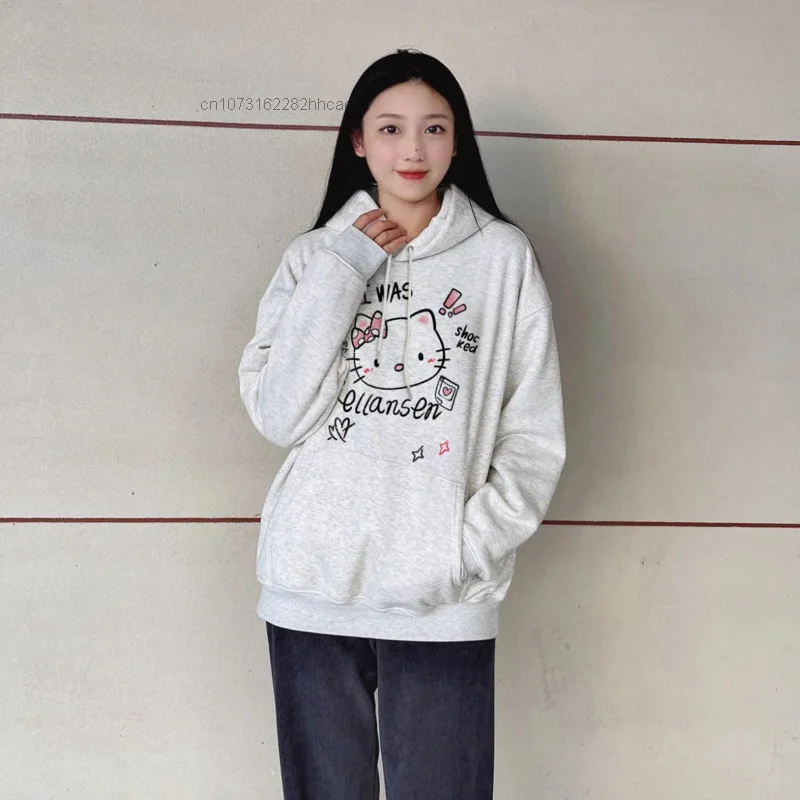 Autumn Winter Sanrio Cute Hello Kitty Campus Style Hoodie Grunge Hip Hop Sweatshirt Y 2k Loose Emo Hooded Clothes Streetwear Yk2