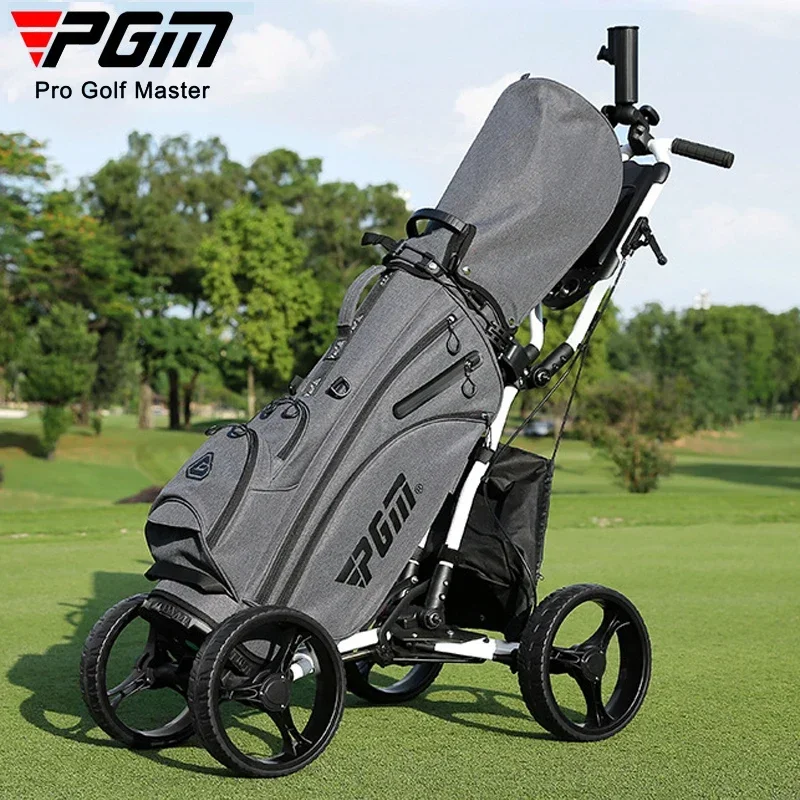

PGM Foldable Golf Bag Cart Four Wheels Aluminium Alloy Trolley with Umbrella Holder Bottle Cage Fixing Rope Manual Brake QC005