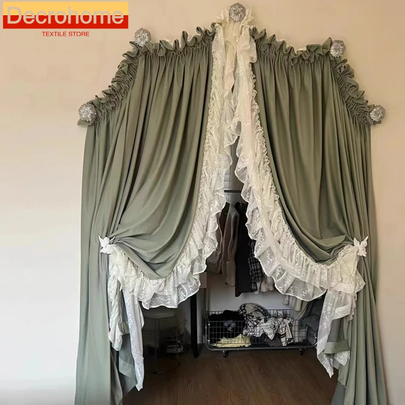 

Retro Dome-style Curtains Cardamom Green Velvet Lace Stitching Curtains for Living Room Bedroom Balcony Customization