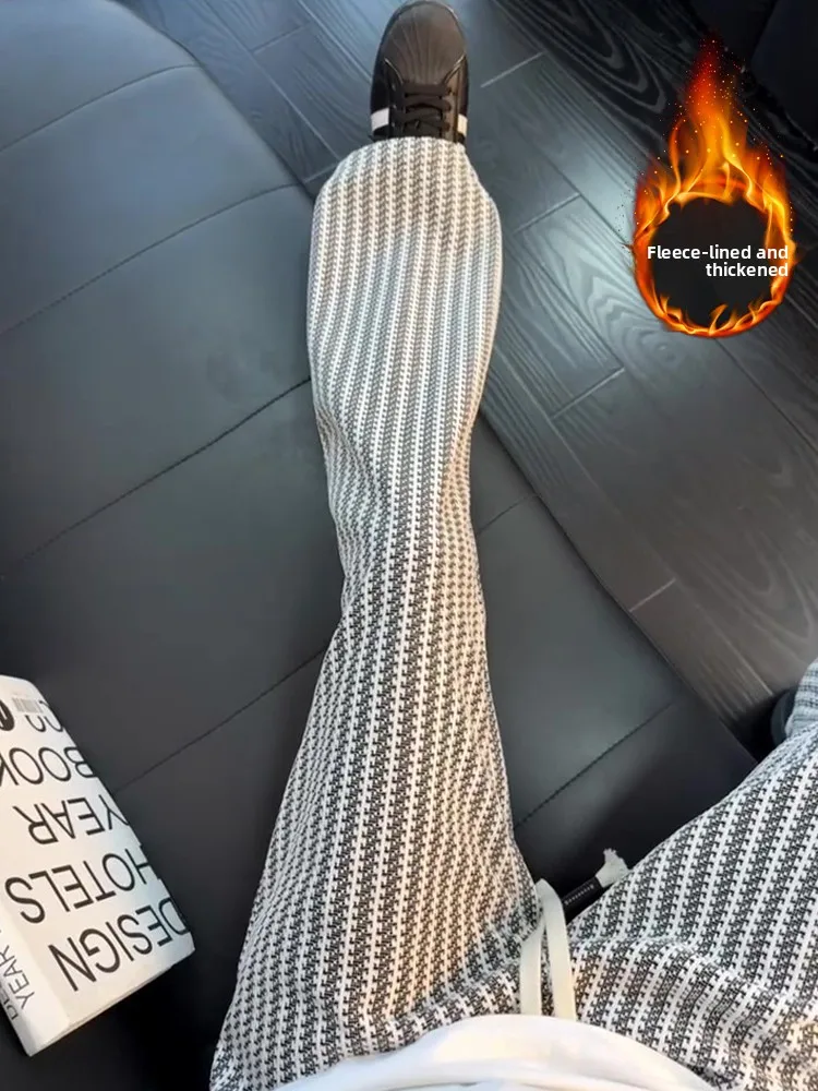 

Men's Winter Fce Lined Knitted Fibone Stripe Pants Straight Leg Wide Leg Casual Pants American Sle mid Waist Trousers