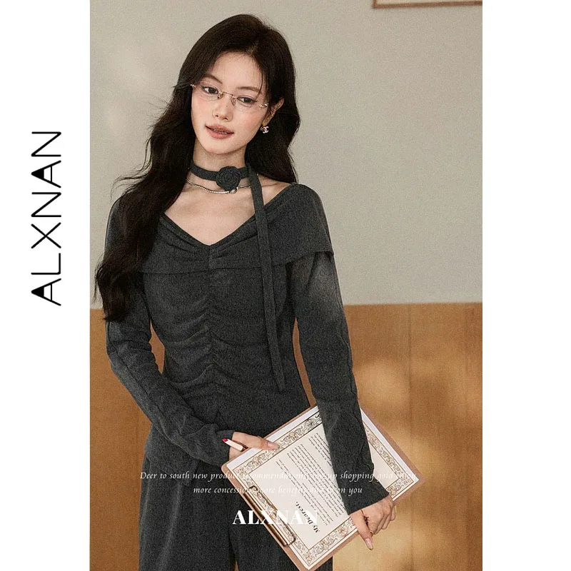 ALXNAN Grey T‑shirt Women Autumn New V‑neck Pleated Split Long Sleeve Pullover 2026 Elegant Fashion Casual Female Tops L67823